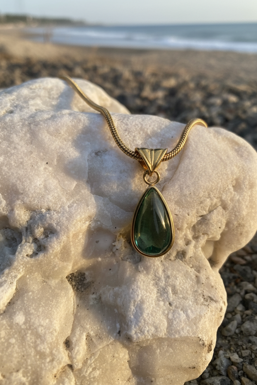 Havsinspirerat halsband med droppformad grön sten i guldinfattning på vit sten i naturligt solljus